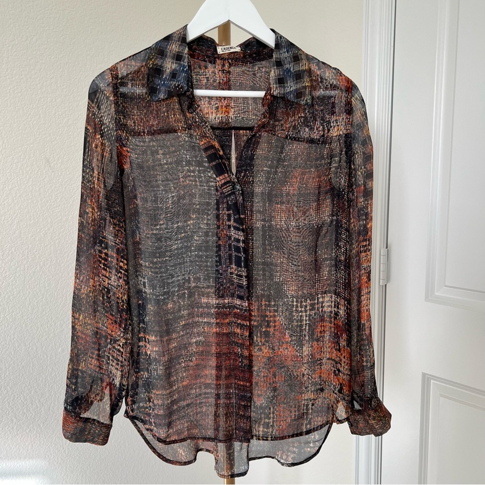 L'AGENCE Sheer Plaid Blouse Top